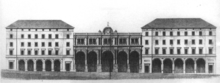 Aufriss des Bahnhofs, nach dem ersten Bahnhofsumbau (1867), von der Schloßstraße aus gesehen