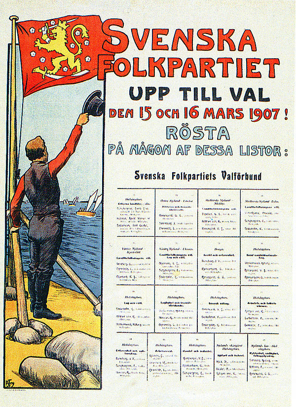 Swedish People's Party election poster from 1907, with ”the man with the flag”, that after this was used as party emblem for over 50 years. Designed b