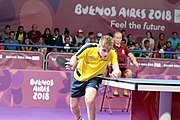 Deutsch: Beachhandball bei den Olympischen Jugendspielen 2018; Tag 4, 9. Oktober 2018; Mixed, Spiel um Bronze, Männer – Truls Möregårdh (SWE) Vs Lin Yun-ju (TPE) 1:3 English: Table tennis at the 2018 Summer Youth Olympics at 9 October 2018 – Mixed Bronze Medal Match, Men – Truls Möregårdh (SWE) Vs Lin Yun-ju (TPE) 1:3