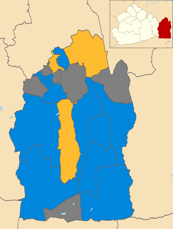 Map of the results of the 2002 Tandridge District Council election. Conservatives in blue and Liberal Democrats in yellow. Wards in grey were not contested in 2002.