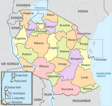Regions of Tanzania Tanzania, administrative divisions - de - colored (+details).svg