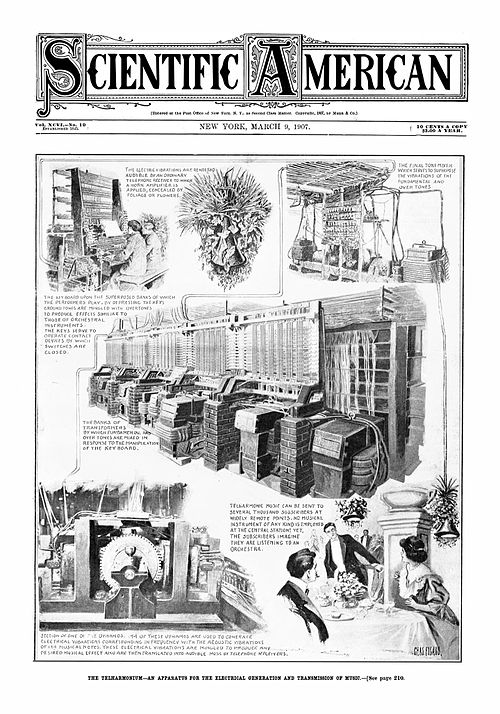 Front page of Scientific American in 1907, demonstrating the size, operation, and popularity of the Telharmonium