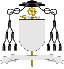 Arms of a Roman Catholic abbot are distinguished by a gold crozier with a veil attached and a black galero with twelve tassels (the galero of a territorial abbot would be green) Template-Abbot - Provost.svg