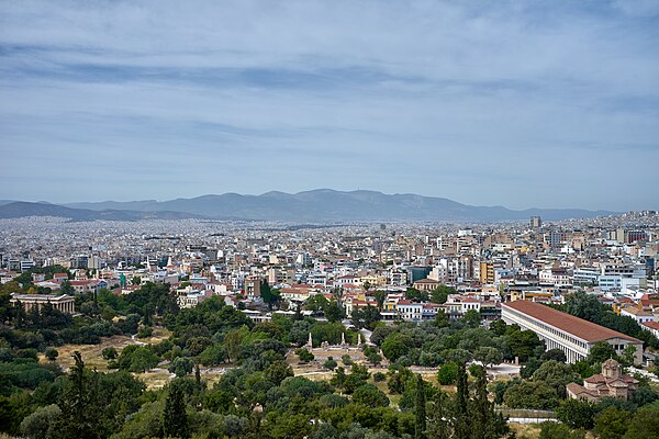 View of the Ancient Agora of Athens. The Temple of Hephaestus is to the left and the Stoa of Attalos to the right.