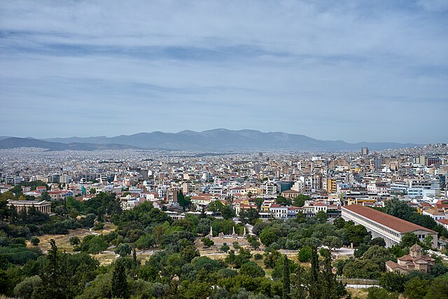 View of the Ancient Agora of Athens. The Temple of Hephaestus is to the left and the Stoa of Attalos to the right.