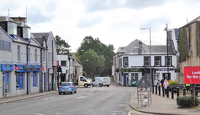 The Cross in Stewarton, East Ayrshire, with a view towards Fenwick.