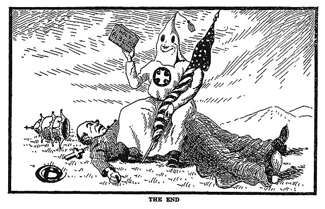 Rev. Branford Clarke's illustration in the 1926 book Klansmen: Guardians of Liberty portrays the Klan as slaying Catholic influence in the US.