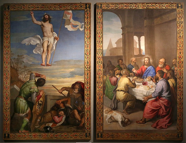 File:Tiziano, stendardo processionale della compagnia del corpus domini di urbino, con resurrezione e ultima cena (fregi di pietro viti), 1542-44 (urbino gnm) 01.jpg