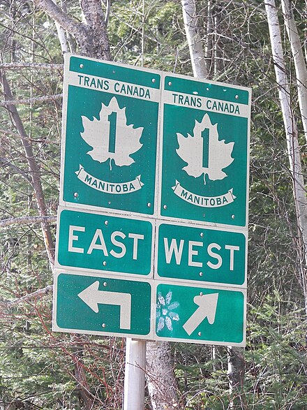 Signage to the Trans-Canadian highway in Manitoba