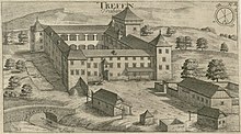 Trebnje Castle depicted in Valvasor's Topographia Ducatus Carnioliae modernae from 1679 Trebnje - Valvasor.jpg