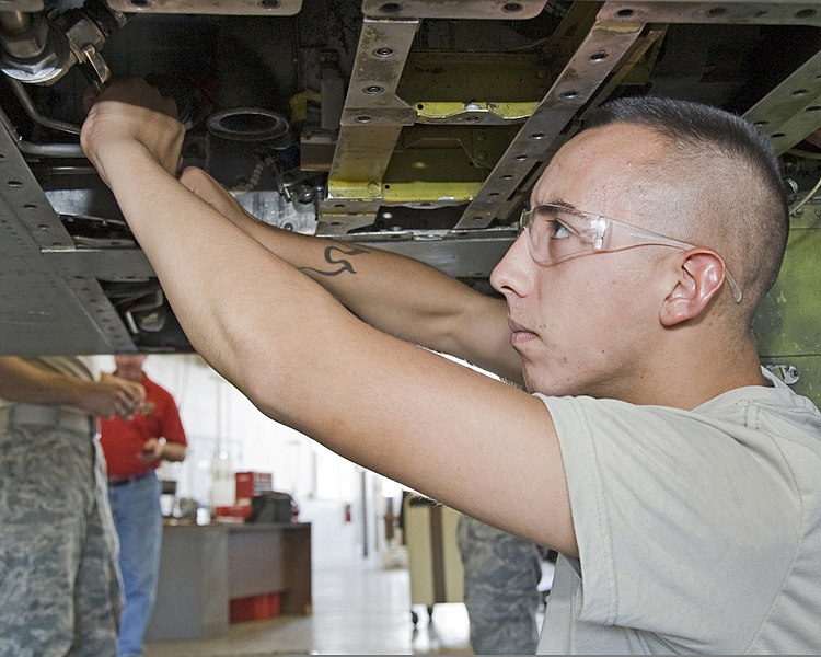 File:U.S. Air Force Airman 1st Class Keith Stanton, with the 364th Training Squadron, practices removing and installing hydraulic components on a T-38 Talon aircraft at Sheppard Air Force Base, Texas, Sept 110923-F-NF756-012.jpg