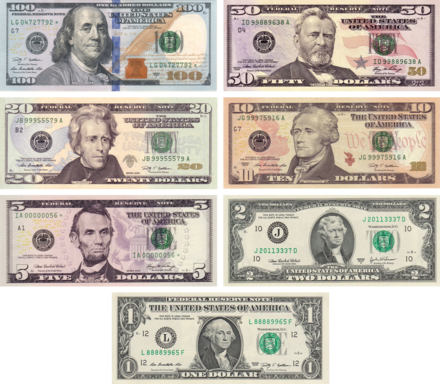 US$100, US$50, US$20, US$10, US$5, US$2 and US$1 bills