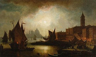 Venedig bei Mondlicht: Blick vom mit Segelbooten belebten Bacino di S. Marco auf Molo rechts und S. Maria della Salute links, 1867. Venedig bei Mondlicht.jpg