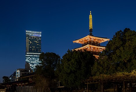 View of Abeno Harukas and Shitennō-ji five-storied pagoda at dusk.
