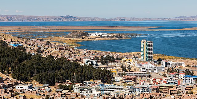 The city of Puno in Peru, the largest urban settlement on the lake