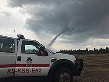 A tornado caused a Kansas Forest Service crew as well as other crews in the area to cease firefighting efforts. Weston Pass Fire Tornado.jpg