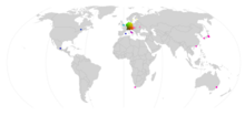 Map of the location of meetups organised on the German Wikipedia. Most of the meetups took place in German speaking countries, but they took place in 24 different countries.