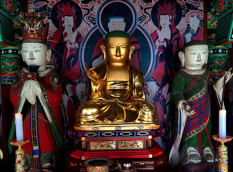 File:Wooden Ksitigarbha Bodhisattva Triad Statues And Ten Kings Statue at Cheonggoksa 02.JPG