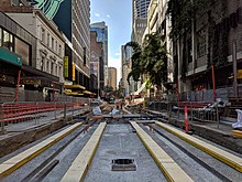 Construction work on George Street in April 2018 Wynyard light rail stop under construction April 2018.jpg