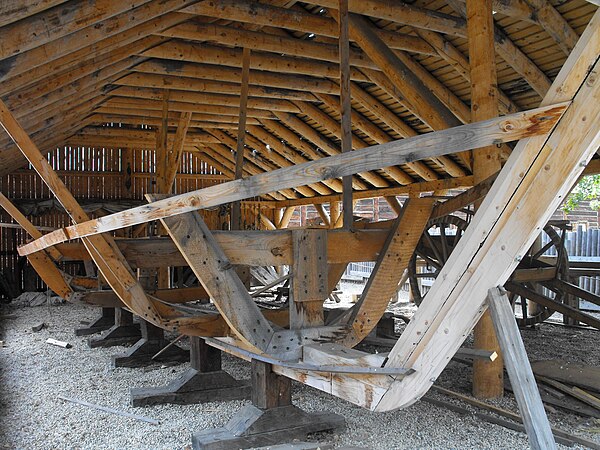 York boat under construction showing use of heavy materials.