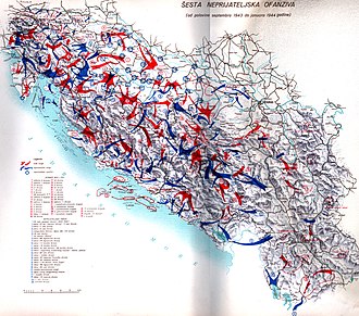 Map of Operation Kugelblitz, an anti-partisan offensive in occupied Yugoslavia Sesta neprijateljska ofanziva.jpg