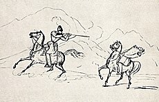 "Illustrazione per il racconto di Aleksandr Aleksandrovič Bestužev Ammalat-Bek, 1832-1834. L'immagine rappresenta Ammalat-Bek sul cavallo con la sciabola a tracolla e il pugnale alla cintura mentre spara col fucile al colonnello Verchovskij.