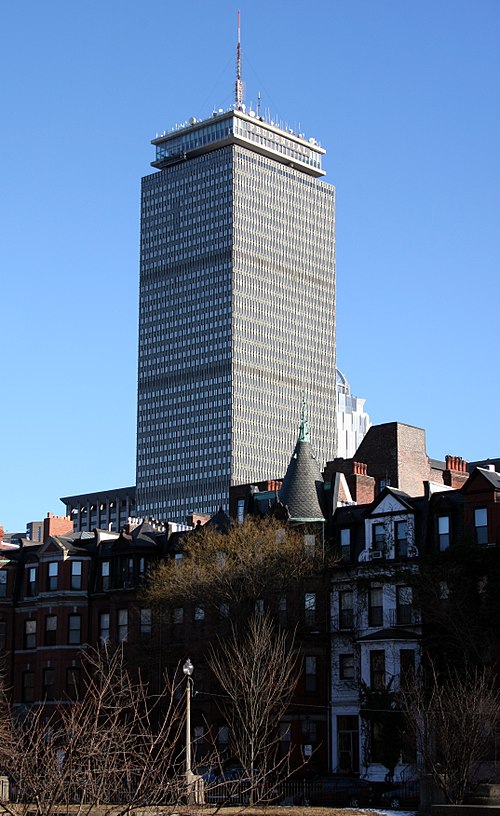 The Prudential Tower as seen from the Back Bay, near the intersection of Commonwealth and Massachusetts Avenues.