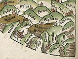 Ano 1475. Fragmento do mapa recolhido no Rudimentum Novitorum de Lucas Brandis.[372] O mapa de tipo T e O, que pasa por ser o primeiro mapa-múndi impreso, situa Galicia no extremo occidental de Europa entre outros territórios como Hispani ou Anglia.[373]