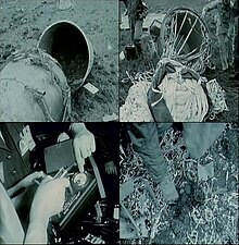 Stills from a film of the Explosive Ordnance Disposal activities after the crash showing (clockwise from top left): possibly the forward ballistic casing, or broken primary sphere, of one of the Mark 39 nuclear bombs thrown from the aircraft upon impact; the afterbody and parachute of one of the bombs; an EOD technician picking up what is likely a piece of scattered high-explosive from the bomb which broke apart during the crash; an EOD technician adjusts and uses a Geiger counter 1961 Yuba City accident EOD stills.jpg