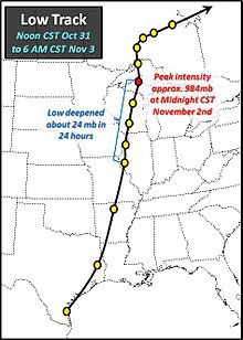 The track of the low pressure system that spawned the Halloween Blizzard 1991 halloween low track.jpg