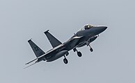 A US Air Force F-15C Eagle, tail number 85-0097, on final approach at Kadena Air Base in Okinawa, Japan. It is assigned to the 44th Fighter Squadron at Kadena AB.