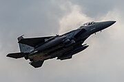 An F-15E Strike Eagle, tail number 91-0313, taking off from RAF Lakenheath in England. The aircraft is assigned to the 494th Fighter Squadron.