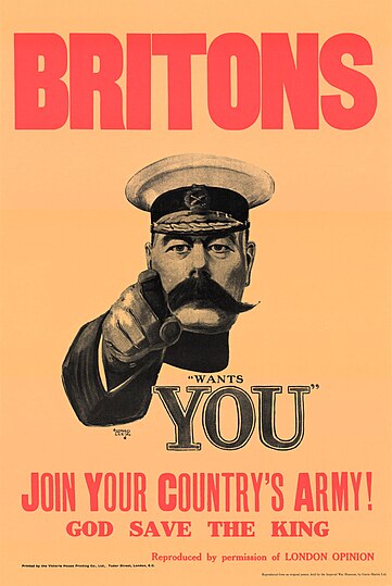 A World War I recruitment poster featuring Lord Kitchener (British Minister of War)