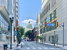 The Pennsylvania State Capitol as seen from Harrisburg University campus. 4th Street towards Pennsylvania State Capitol Building, Harrisburg, PA - 52441723198.jpg