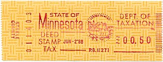 Minnesota state revenue stamp (1988) 50c proof Minnesota meter revenue stamp for deed stamp tax. Steele County 2 June 1988.jpg