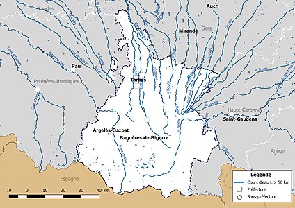 Carte des cours d'eau de longueur supérieure à 50 km des Hautes-Pyrénées.