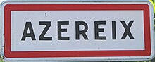 Panneau d'entrée dans l'agglomération d'Azeireix.