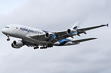 A former Malaysia Airlines Airbus A380-800, which entered the fleet in 2012. 9M-MNA A380 Malaysian (33208859794).jpg