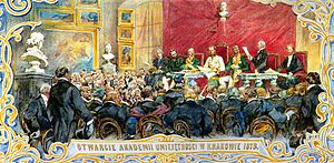 Inauguration of the Academy of Science in Krakow in 1873 label QS:Len,"Inauguration of the Academy of Science in Krakow in 1873" label QS:Lpl,"Inauguracja Akademii Nauk w Krakowie w 1873" , 1881