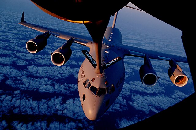 C-17 of the 729th Airlift Squadron being refueled by a KC-135R of the 336th Air Refueling Squadron