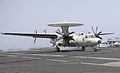 A U.S. Navy E-2C Hawkeye aircraft assigned to Airborne Early Warning Squadron (VAW) 117 lands aboard the aircraft carrier USS Nimitz (CVN 68) in the Indian Ocean June 11, 2013 130611-N-TI017-162.jpg