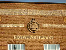 Detail of the drill hall, showing changes of name painted over Albany Street drill hall detail.jpg