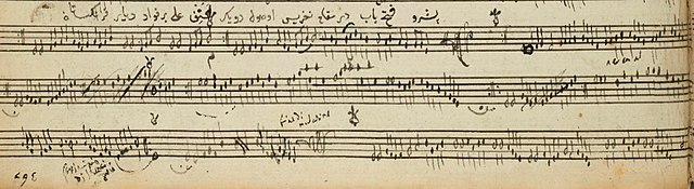 A peşrev (prelude) transcribed into staff notation by Polish musician Wojciech Bobowski. The use of abjad notation was more common in the Ottoman Empi