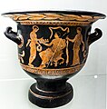 Apulian red figure bell-krater - RVAp extra - Dionysos with satyr and maenad - draped youths - Firenze MAN 4037 - 02