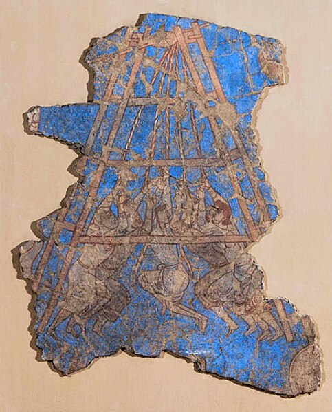 Arabs besieging the city of Samarkand, captured in 722 AD. Palace of Devastich (706-722 AD), Penjikent mural.