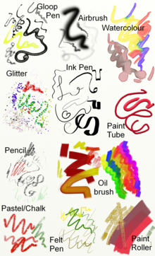 An example of the painting tools in ArtRage 4: Gloop Pen, Airbrush, Glitter, Ink Pen, Pencil, Oil Brush, Watercolor, Paint Tube, Paint Roller, Pastel/Chalk, Pencil, Felt Pen ArtRage 4 Traditional Media Tools.png