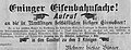 Aufruf zu einer Besprechung des Fahrpreises für Arbeiterwochenkarten im „Eninger Wochenblatt“ vom 22. September 1899
