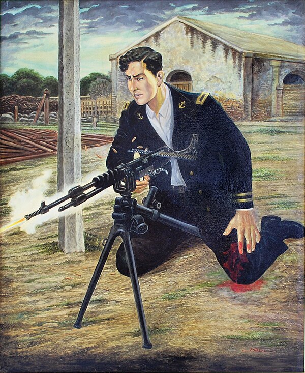 Depiction of Mexican Navy Lieutenant José Azueta firing a French Hotchkiss machine gun in the defense of Veracruz during the Second U.S. intervention 