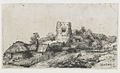 Landscape with a Square Tower label QS:Len,"Landscape with a Square Tower" label QS:Lnl,"Landschap met vierkante toren" . 1650. etching print and drypoint print. 8.8 × 15.7 cm (3.4 × 6.1 in). Various collections.