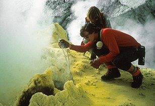 Sampling gases at a fumarole on Mount Baker in Washington, United States